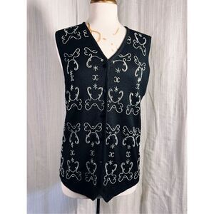 Sostanza Knitted Silver Beaded Black Vintage Vest - Size L